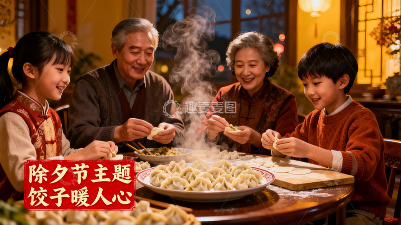 高清大图下载【趣麦麦图】除夕团圆夜包饺子温馨场景