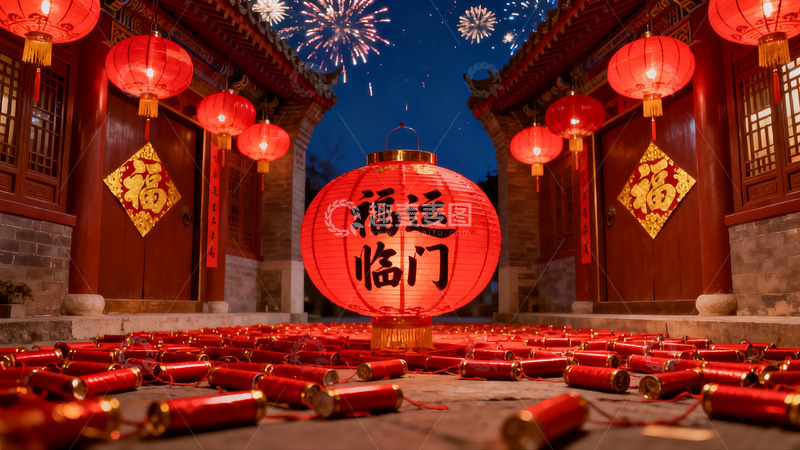 高清大图下载【趣麦麦图】夜景灯笼烟花迎新年