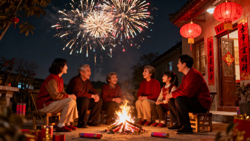 家人围火看烟花共庆佳节
