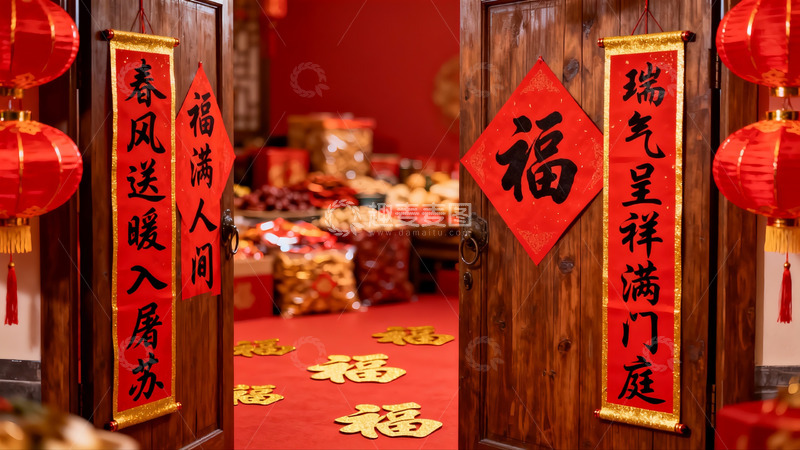 高清大图下载【趣麦麦图】春节装饰木门红灯笼