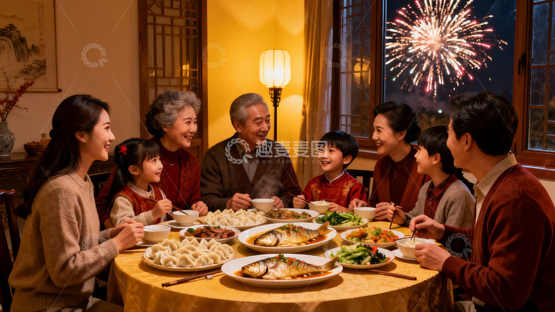 高清大图下载【趣麦麦图】家庭聚餐烟花绽放共庆佳节