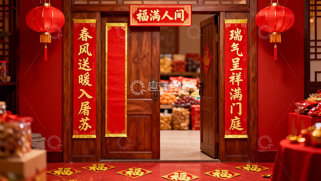 春节装饰的红色大门