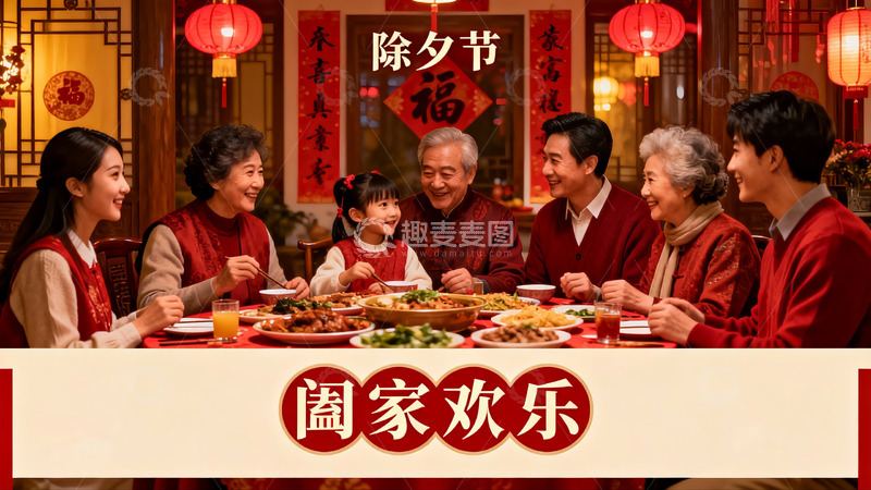 高清大图下载【趣麦麦图】除夕团圆饭家人欢聚一堂