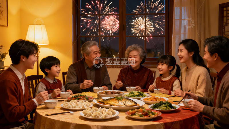 高清大图下载【趣麦麦图】家庭聚餐烟花夜景