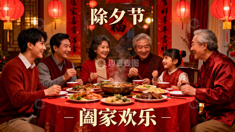 高清大图下载【趣麦麦图】除夕团圆饭家人欢聚一堂