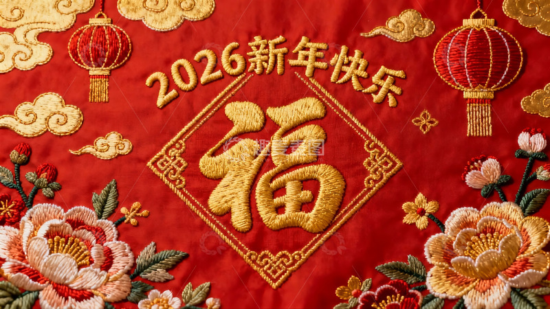高清大图下载【趣麦麦图】红色刺绣新年装饰布