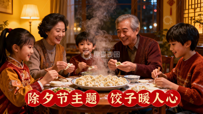 高清大图下载【趣麦麦图】除夕夜家人围坐包饺子