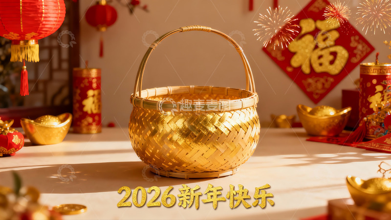 高清大图下载【趣麦麦图】金色竹篮新年装饰场景
