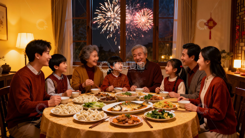 高清大图下载【趣麦麦图】家庭年夜饭烟花绽放团圆时刻