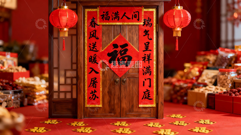 高清大图下载【趣麦麦图】春节装饰的木门与年货