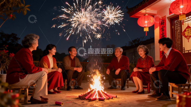 高清大图下载【趣麦麦图】家人围火看烟花共庆佳节
