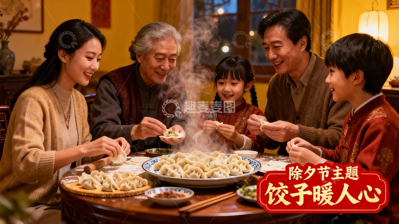 高清大图下载【趣麦麦图】除夕夜家人包饺子团圆饭