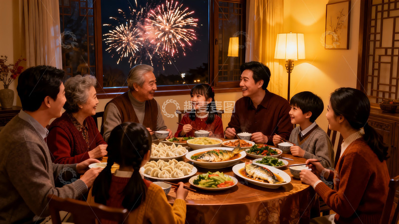 高清大图下载【趣麦麦图】家庭聚餐看烟花