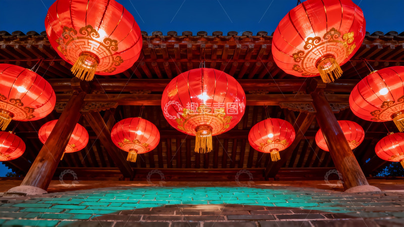 高清大图下载【趣麦麦图】古建筑夜景红灯笼高挂