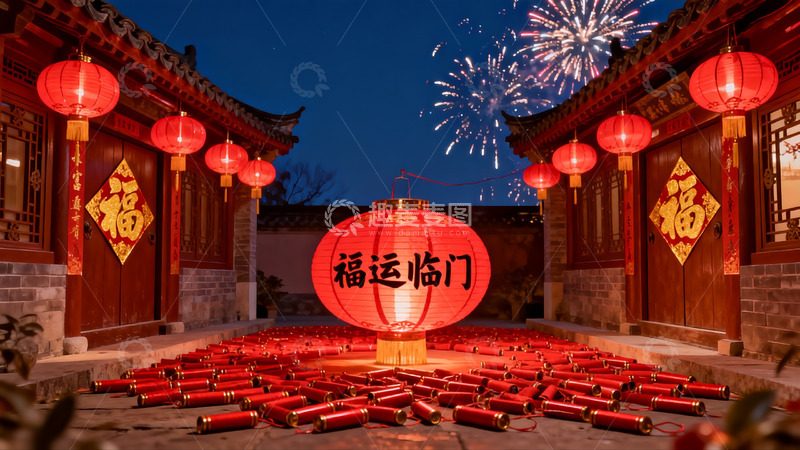 高清大图下载【趣麦麦图】夜空烟花映照古建筑灯笼