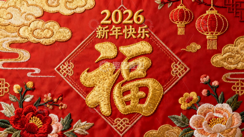 高清大图下载【趣麦麦图】红色刺绣新年装饰布