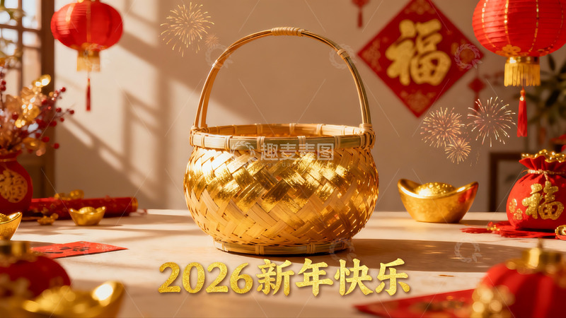 高清大图下载【趣麦麦图】新年装饰篮与喜庆物品