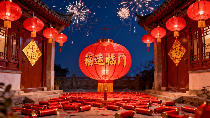 高清大图下载【趣麦麦图】夜景烟花灯笼建筑节日氛围