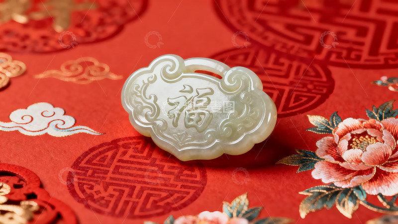高清大图下载【趣麦麦图】红色背景上的福字玉佩特写