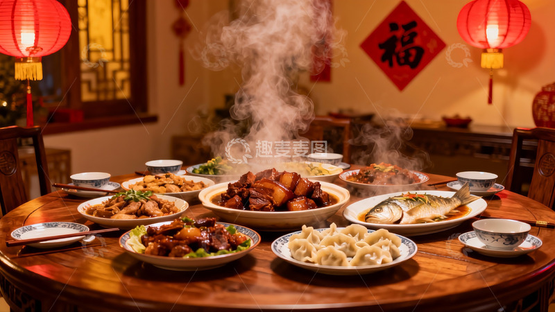 高清大图下载【趣麦麦图】热气腾腾的中式团圆饭