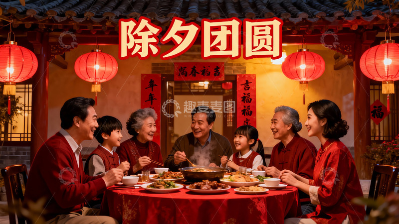 高清大图下载【趣麦麦图】除夕夜家人围坐共进团圆饭