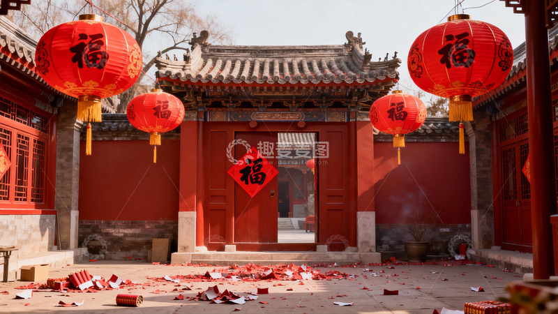高清大图下载【趣麦麦图】红灯笼装饰的传统中式庭院