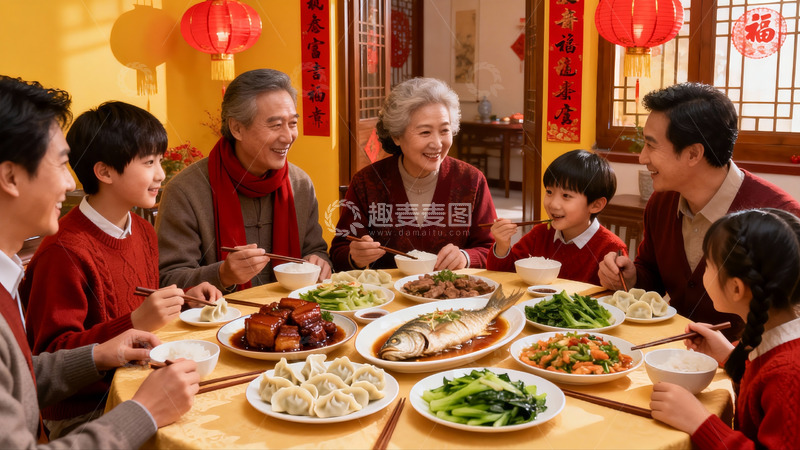 高清大图下载【趣麦麦图】三代同堂年夜饭其乐融融