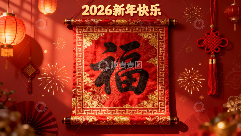 高清大图下载【趣麦麦图】新年红色卷轴福字挂饰