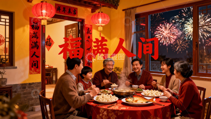 高清大图下载【趣麦麦图】春节家庭聚餐欢庆烟花