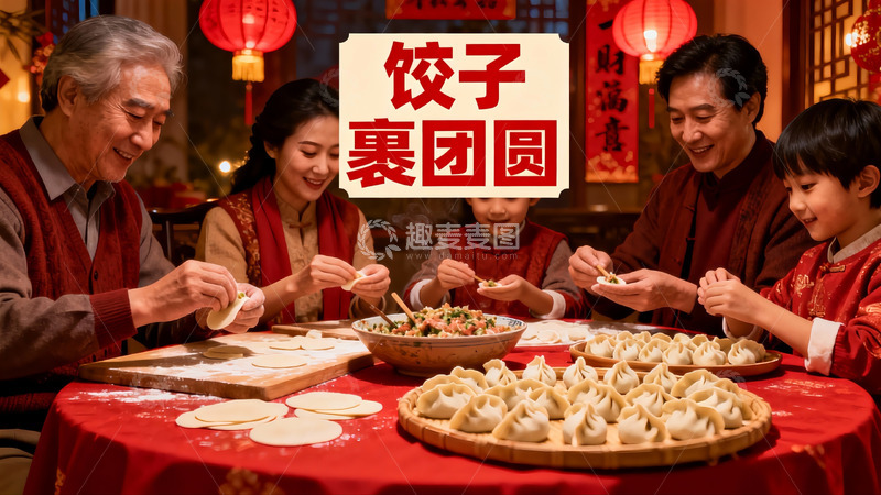 高清大图下载【趣麦麦图】全家包饺子团圆聚餐