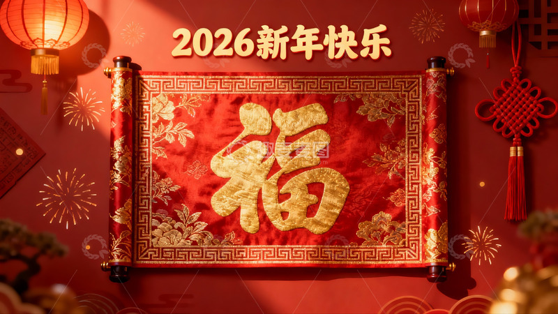 高清大图下载【趣麦麦图】新年红色卷轴福字挂饰