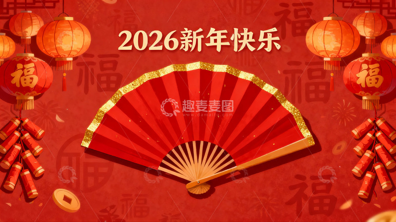 高清大图下载【趣麦麦图】新年快乐红色灯笼扇子
