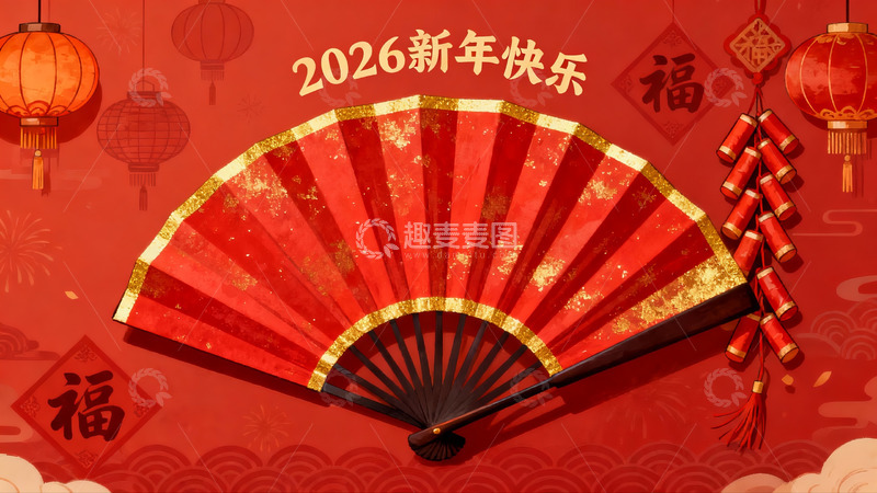 高清大图下载【趣麦麦图】新年红色扇子灯笼装饰画面