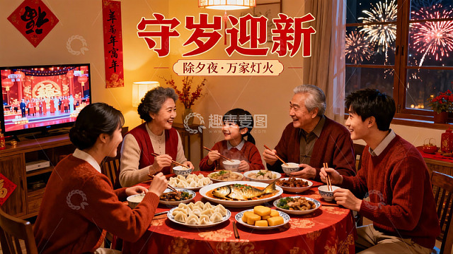 除夕夜家人围坐吃团圆饭