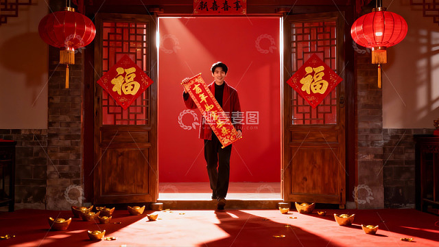 男子手持春联站在红色门前