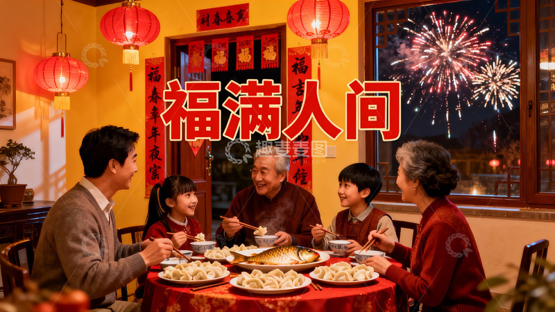 高清大图下载【趣麦麦图】春节家庭聚餐欢庆烟火