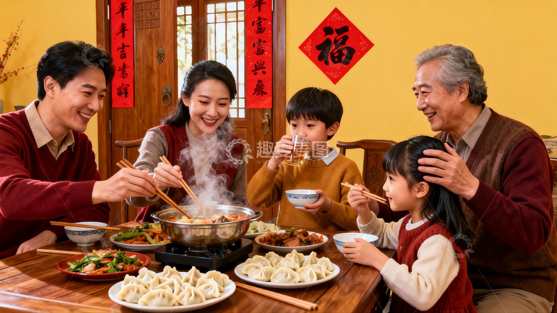 高清大图下载【趣麦麦图】三代同堂围坐餐桌享团圆饭