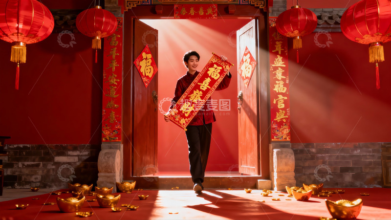 高清大图下载【趣麦麦图】男子手持春联站在红色门前