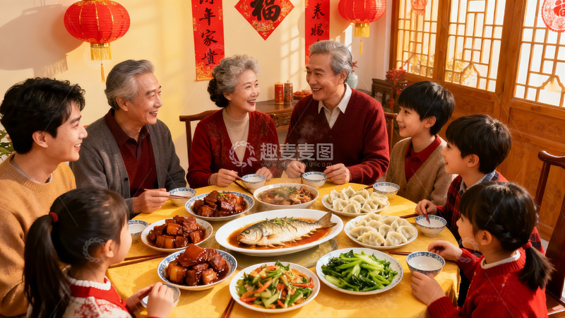 高清大图下载【趣麦麦图】春节团圆饭家人欢聚一堂