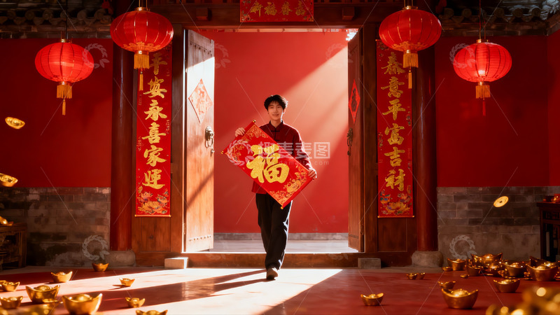 高清大图下载【趣麦麦图】男子手持福字立于红色门厅