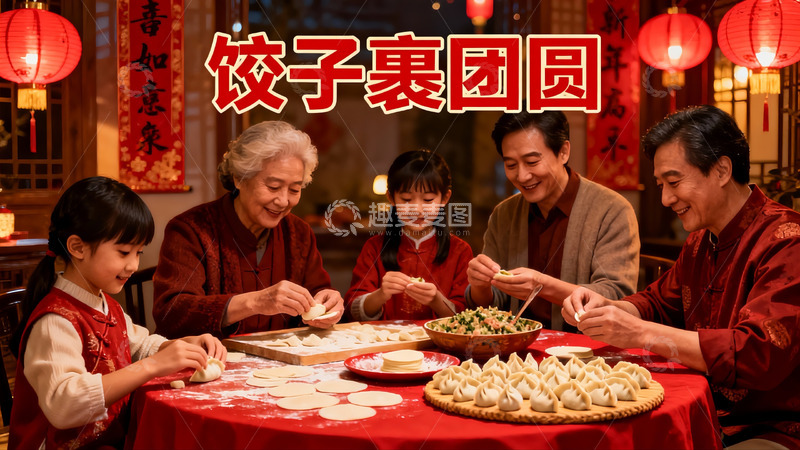 高清大图下载【趣麦麦图】家庭包饺子团圆年