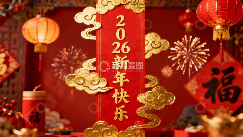 高清大图下载【趣麦麦图】新年装饰红灯笼烟花