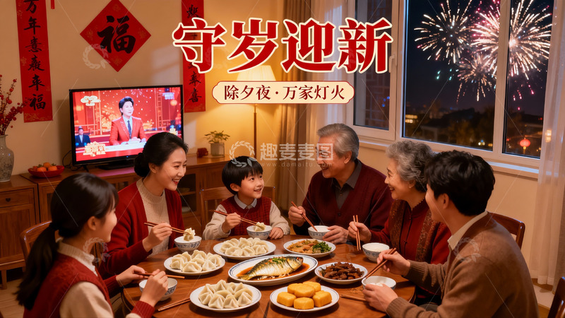 高清大图下载【趣麦麦图】除夕夜家人团聚吃年夜饭