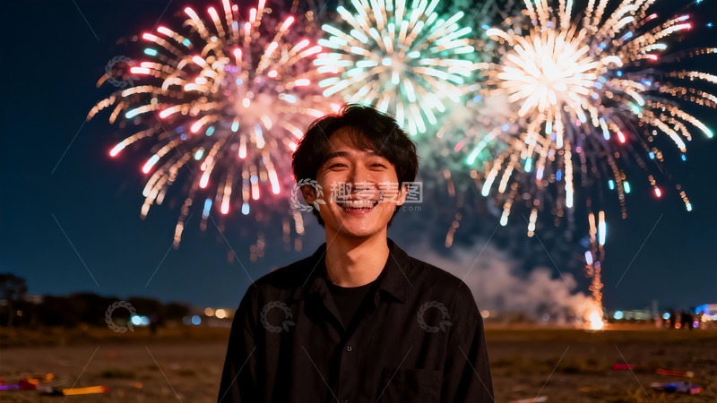 高清大图下载【趣麦麦图】男子夜空烟花下微笑