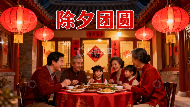 高清大图下载【趣麦麦图】除夕夜家人围坐共进团圆饭