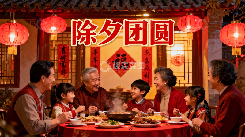 高清大图下载【趣麦麦图】除夕团圆饭家人欢聚一堂