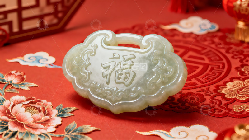 高清大图下载【趣麦麦图】玉雕福字挂件红色背景