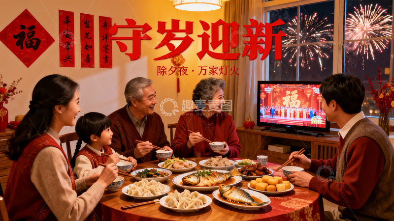 高清大图下载【趣麦麦图】除夕夜家人团聚吃年夜饭
