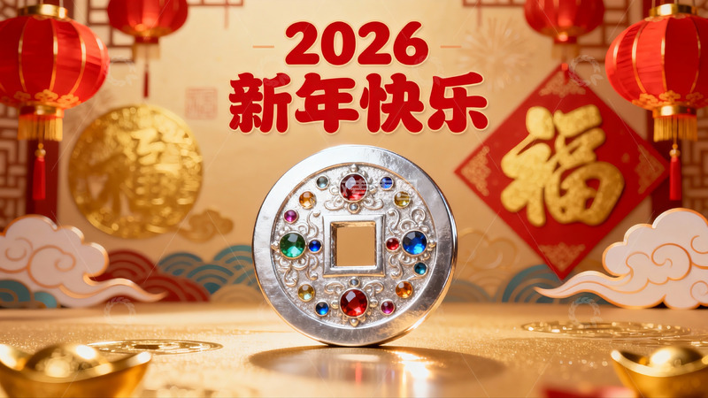 高清大图下载【趣麦麦图】2026新年装饰银币与红灯笼