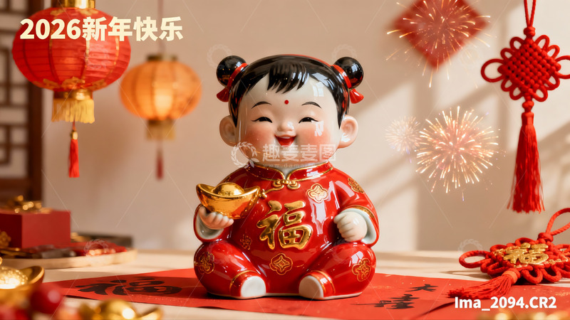 高清大图下载【趣麦麦图】新年陶瓷娃娃手持金元宝